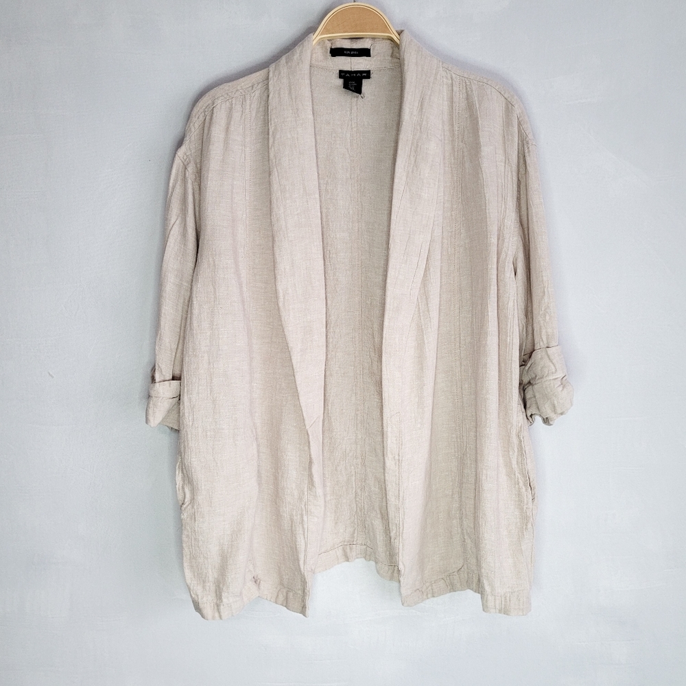 Tahari 100% Linen Open Front 3/4 Sleeve Cream Topper Cardigan Size Medium